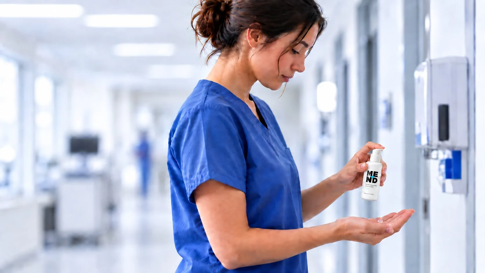A nurse dispensing MEND+ hand sanitizer in a hospital corridor